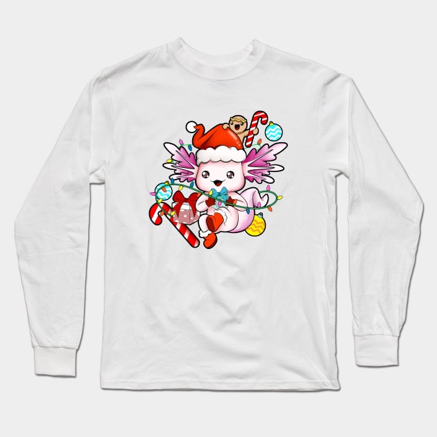 With gingerbread man and hat - Axolotl Christmas Long Sleeve T-Shirt by Modern Medieval Design